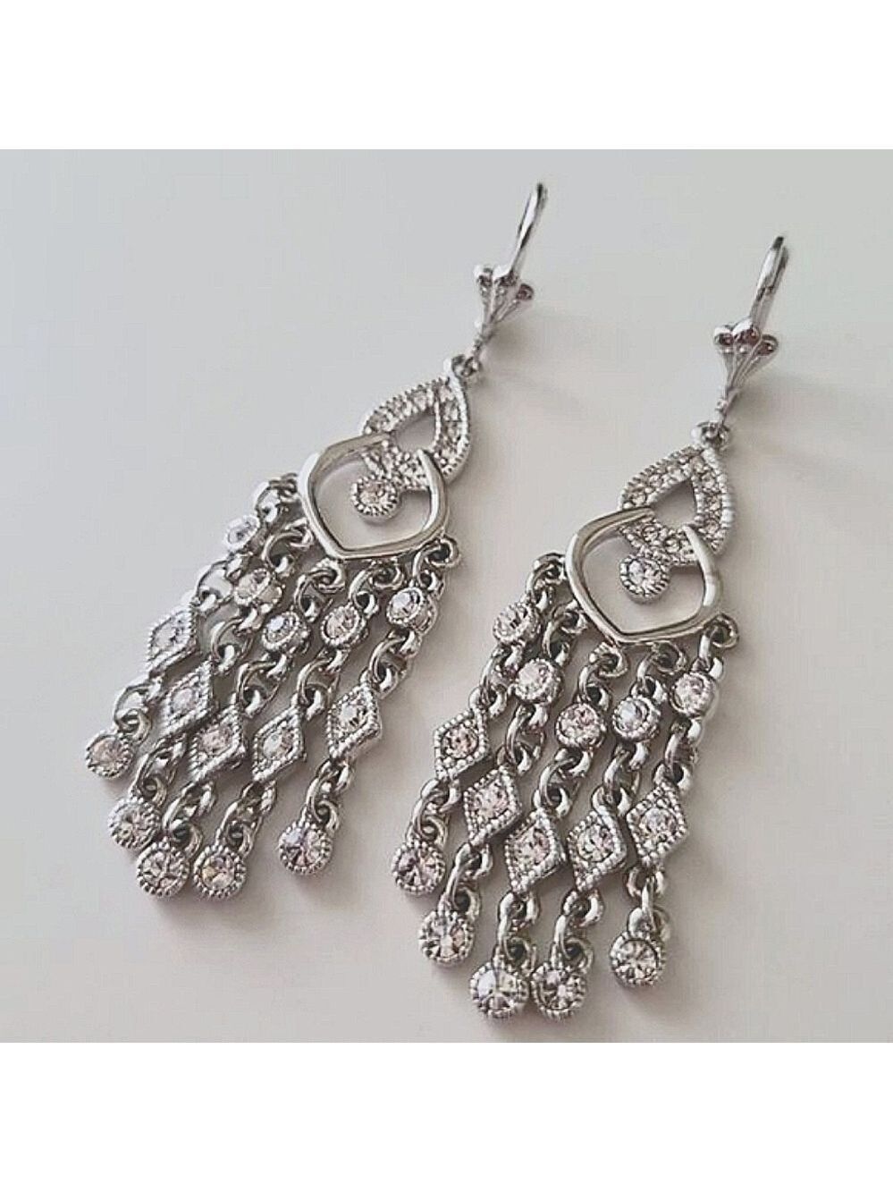 Earrings 𝅺Crystal Silver Tone Sparkly Chandelier Earrings #0347